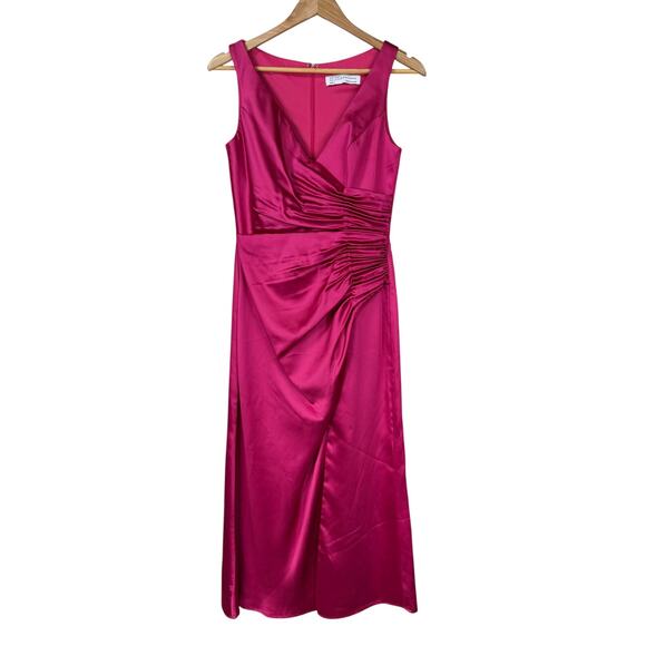 Mac Duggal NWT Pink Satin Ruched V-Neck Faux Wrap Midi Dress Size 4 Sleeveless - Picture 3 of 10